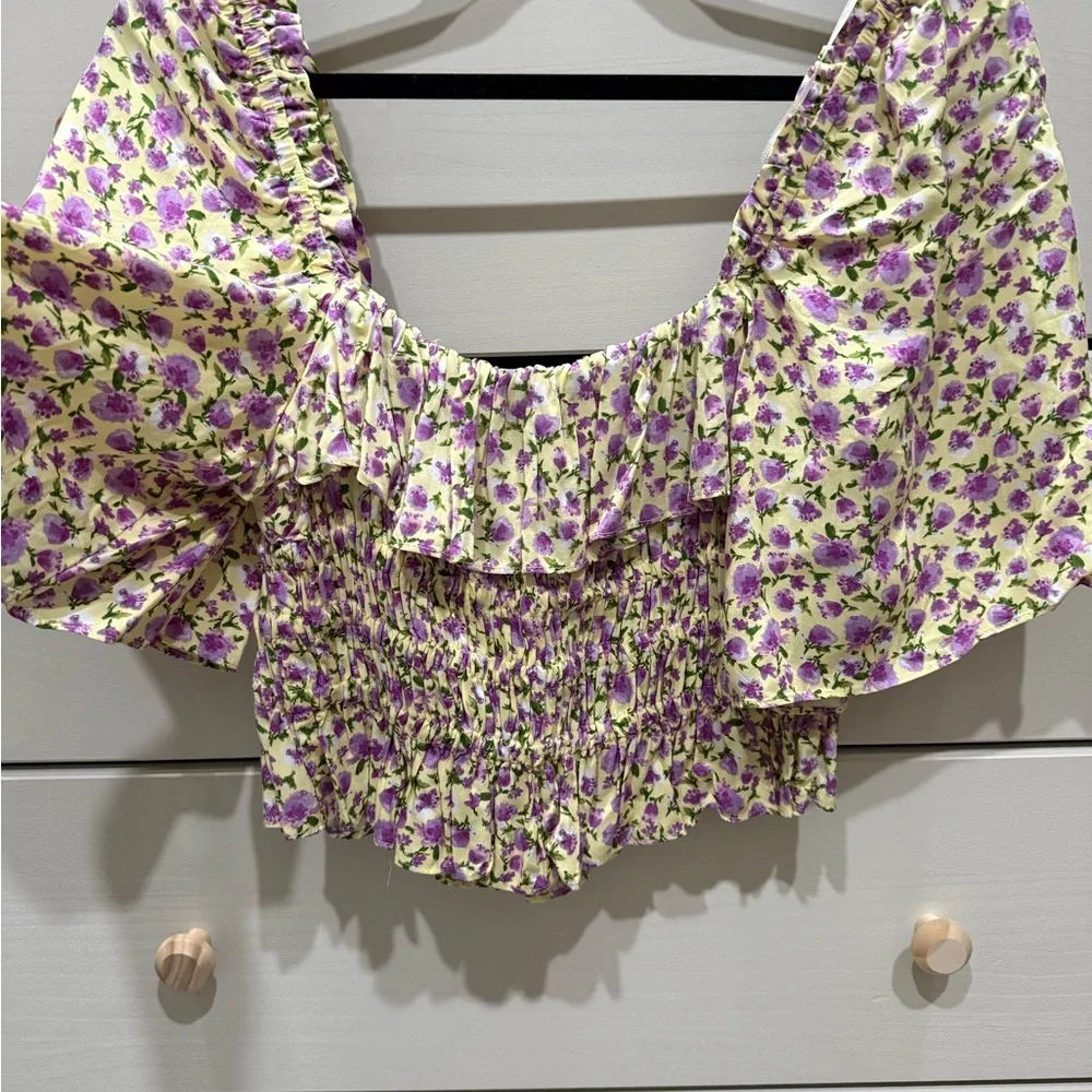Zara Lavender Floral Smocked Crop Top with Puff Sleeves